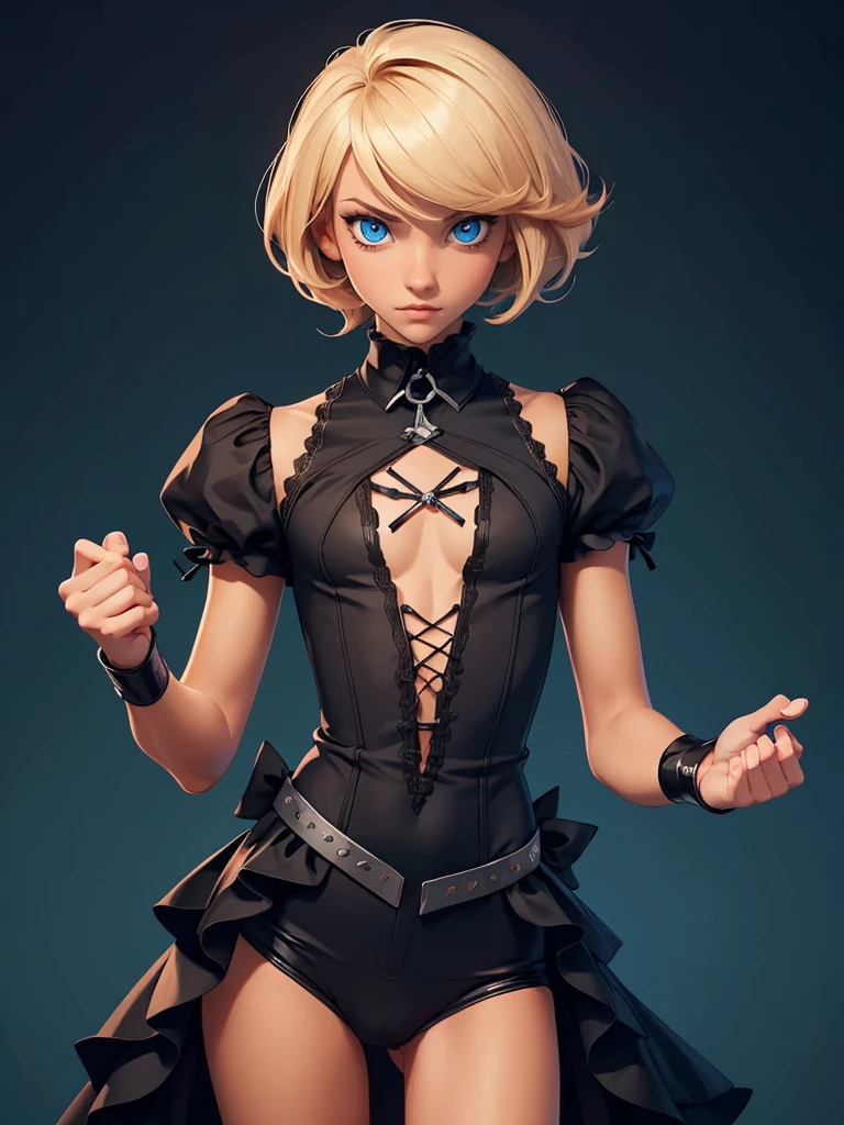 (best quality), 1boy, tanned skin, blonde hair, short hair, side bangs, beautiful hairstyle, blue eyes, perfect eyes, femboy, slender, handsome, attractive, fully clothed, skinny body, crossdresser, (gothic clothes), masterpiece, anatomically correct, highres