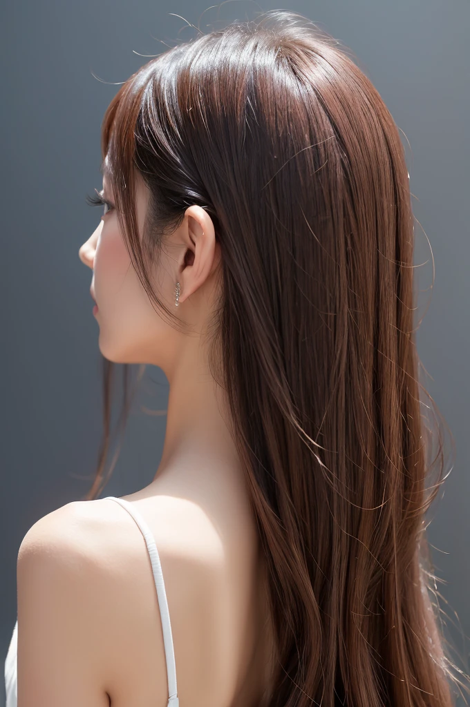 A woman with beautiful hair、Only hair、Back view、photograph、high resolution、straight、natural、White background、Smooth、Fluttering