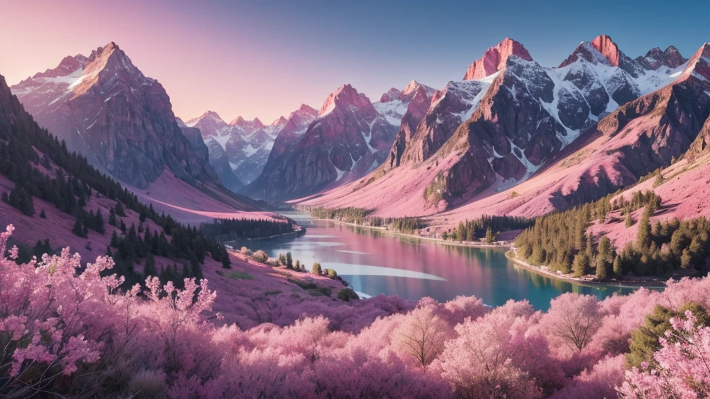 Huge valley，In the middle is the lake，The surrounding mountains，Layered rocks，Pink vegetation