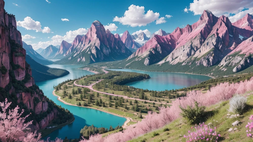 Huge valley,In the middle is the lake,The surrounding mountains,Layered rocks,Pink vegetation