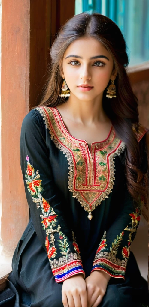 A young, beautiful girl sits gracefully by a window, enveloped in soft, natural light. She wears a traditional black coloured Pakistani dress, its intricate embroidery and vibrant colors reflecting her cultural heritage. Her hair falls gently over her shoulders as she gazes thoughtfully outside, embodying a serene and elegant presence.