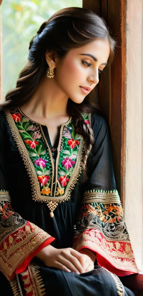 A young, beautiful girl sits gracefully by a window, enveloped in soft, natural light. She wears a traditional black coloured Pakistani dress, its intricate embroidery and vibrant colors reflecting her cultural heritage. Her hair falls gently over her shoulders as she gazes thoughtfully outside, embodying a serene and elegant presence.