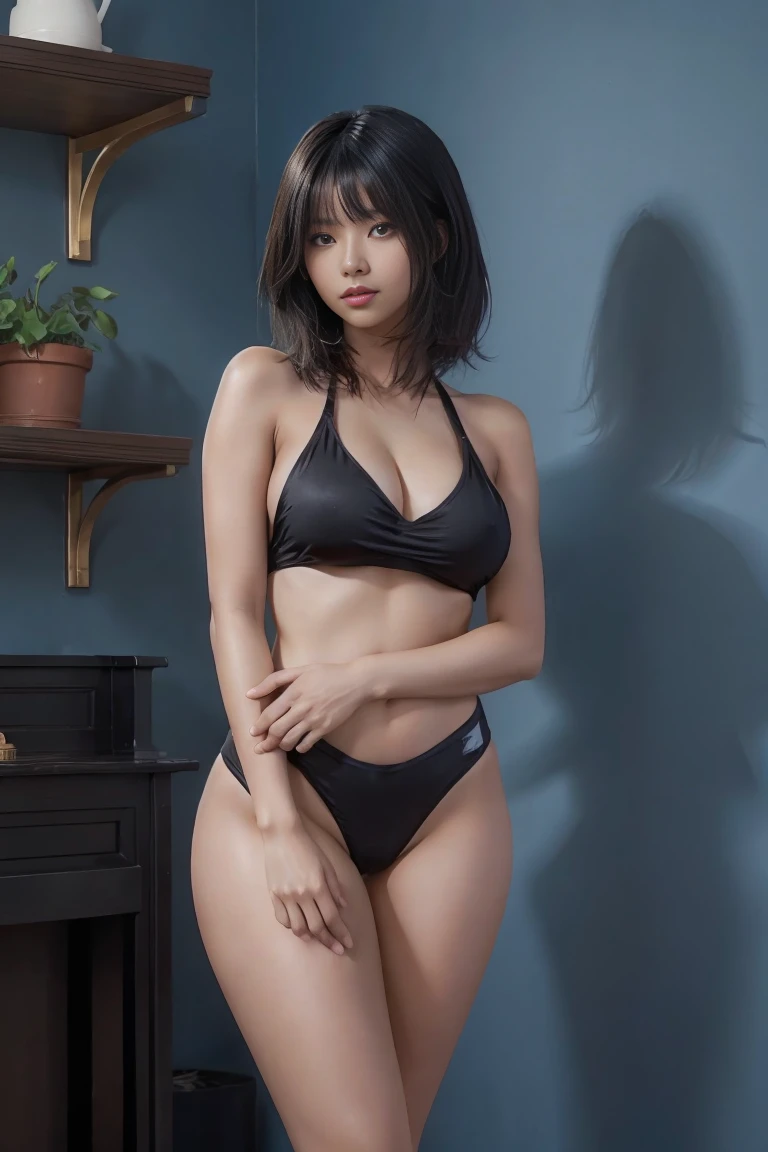 Full Body Shot, ((Beautiful black woman with perfect dark skin)), Shiny long hair in gradient blue, distinct facial features, Large and fine eyes, masterpiece, best high quality image,96k, Ultra-high resolution, Depth of written boundary, 1080P wallpaper, Spotlight, Character Focus, high quality, Very detailed, Amy Sol style UHD quality,Large Breasts,Asian,nude