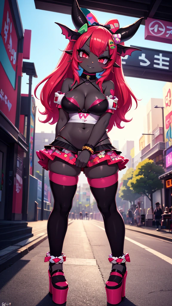 Professional Photography, 8k, highly detailed, intense lighting, daytime photography, sun light,
BREAK,
slave choker, succubus girl, (bat ears), (succubus horns), (black skin:1.6), red eyes, smug eyes, (red glowing hair), straight red hair, big boobs:1.2, blush, thick eyeliner, ((red eyebrows)),
BREAK,
((((Layers of bright colorful accessories)))), sticker-covered platform heels, ((mismatched thigh-highs)), (oversized bows), (((((statement decora fashion))))), (((plethora of kawaii accessories))), the character starring in a Harajuku-themed fashion editorial for a renowned magazine, BREAK, the photoshoot takes place against (iconic Harajuku backdrops), capturing the essence of the district's diverse fashion culture,
