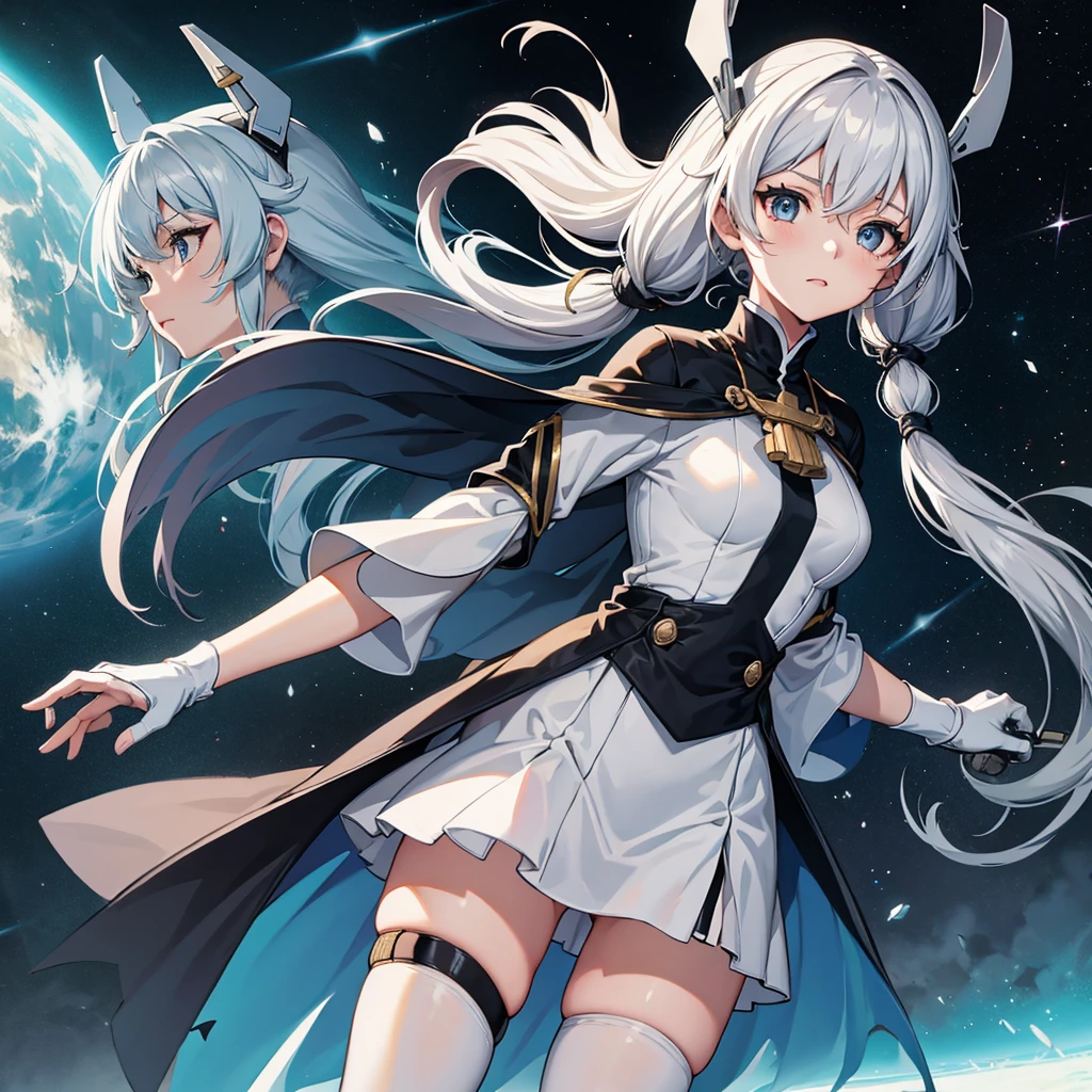 Space Battleship Bridge、Uniform based on white、((black tights)), silver hair, twintails, very long hair, upturned eyes, anime, cowboy shot, best quality, masterpiece, 4K
