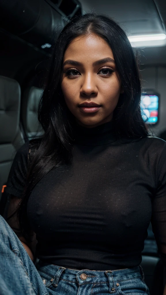 nicki minaj, 1girl, beautiful detailed eyes, beautiful detailed lips, extremely detailed face, long eyelashes, black shirt, jeans, private jet, selfie, photorealistic, high quality, realistic, cinematic lighting, vivid colors, exquisite details, 8k