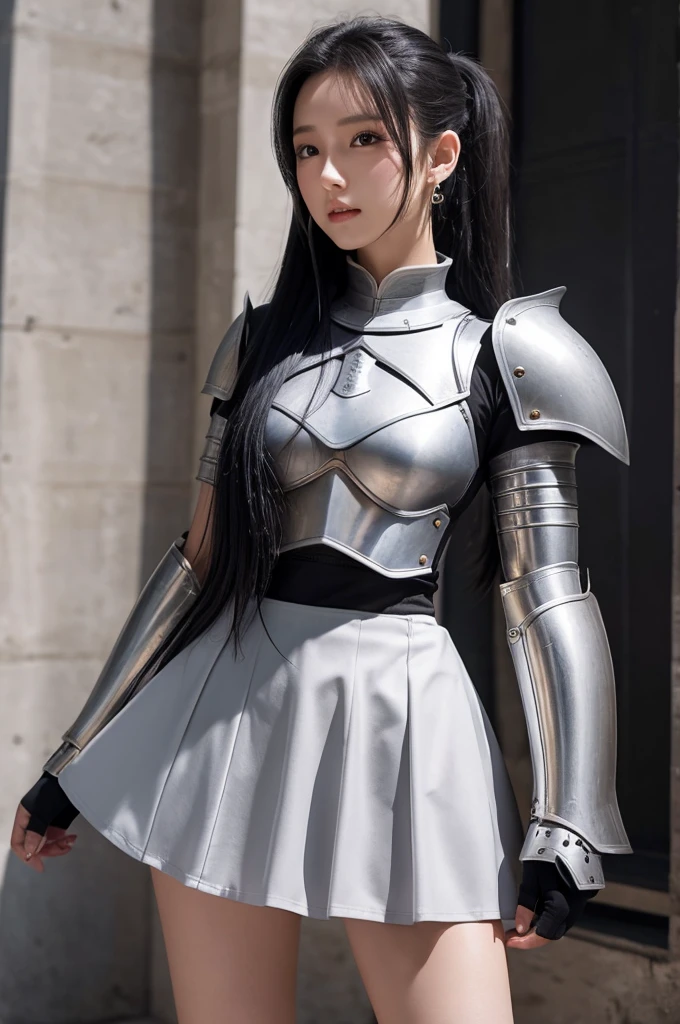 female knight　Long Black Hair　ponytail　White Armor　mini skirt