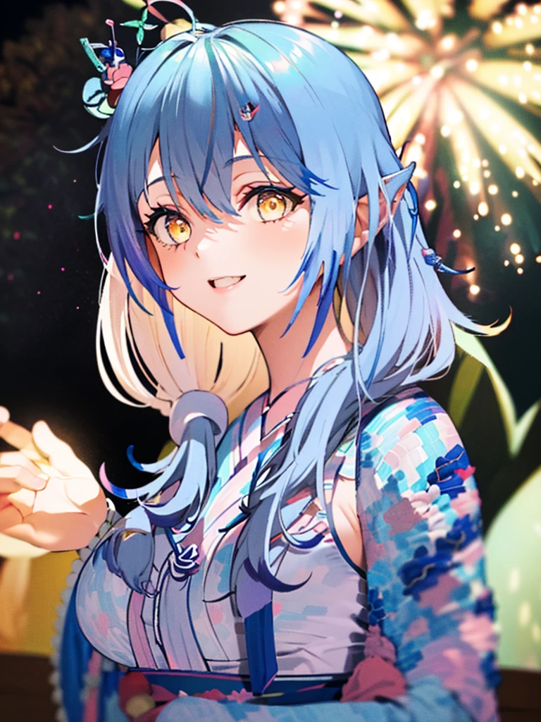 (masterpiece, Highest quality, Super detailed),One girl,((super fine illustration)),((cute eyes,highly detailed skin)),((smile)),((well endowed,Blessed,Captivating body、Detailed Background))、(yukata:1.5),firework,(大量のfirework,Night view,Ocean)、Festivals, full body