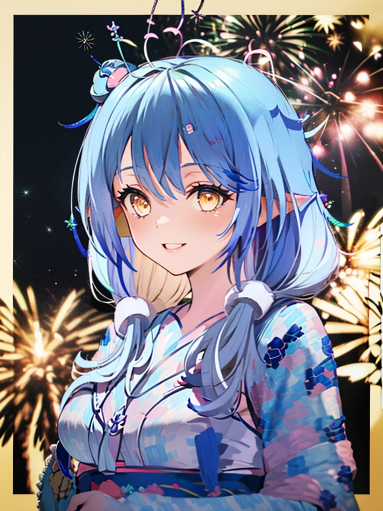 (masterpiece, Highest quality, Super detailed),One girl,((super fine illustration)),((cute eyes,highly detailed skin)),((smile)),((well endowed,Blessed,Captivating body、Detailed Background))、(yukata:1.5),firework,(大量のfirework,Night view,Ocean)、Festivals, full body