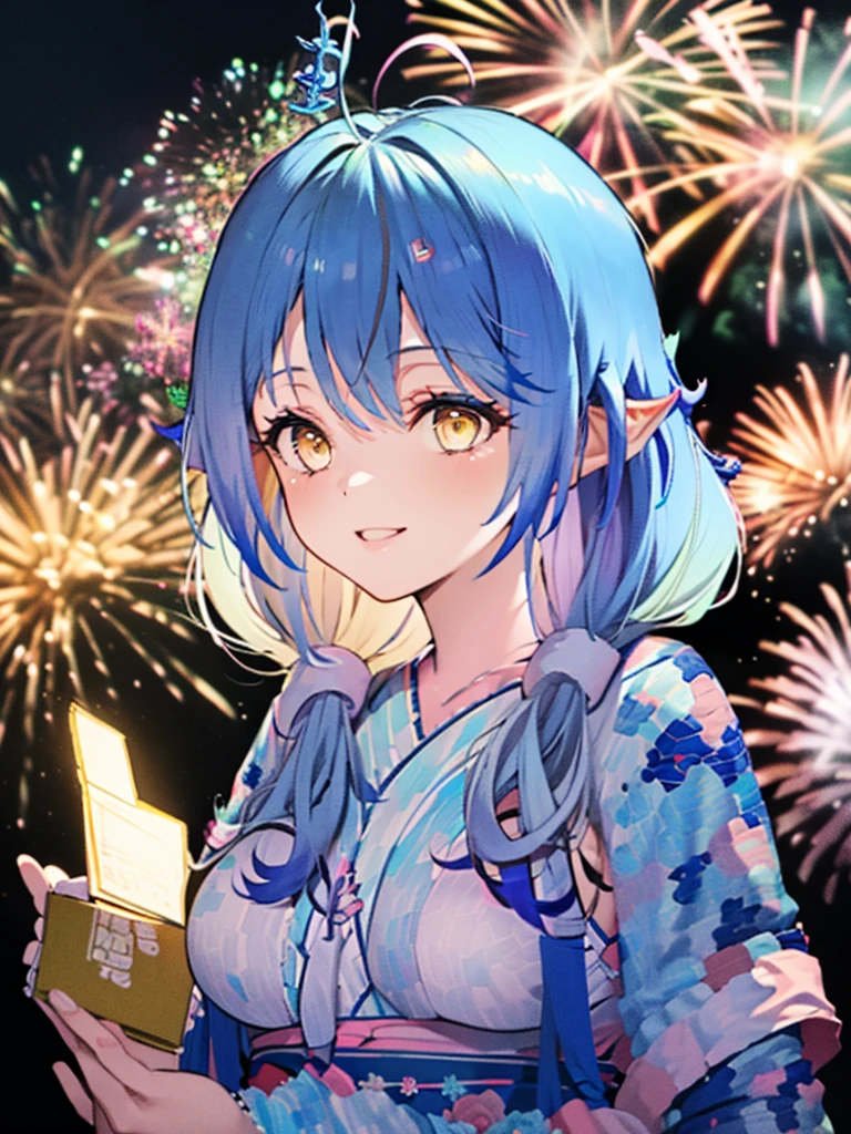 (masterpiece, Highest quality, Super detailed),One girl,((super fine illustration)),((cute eyes,highly detailed skin)),((smile)),((well endowed,Blessed,Captivating body、Detailed Background))、(yukata:1.5),firework,(大量のfirework,Night view,Ocean)、Festivals, full body
