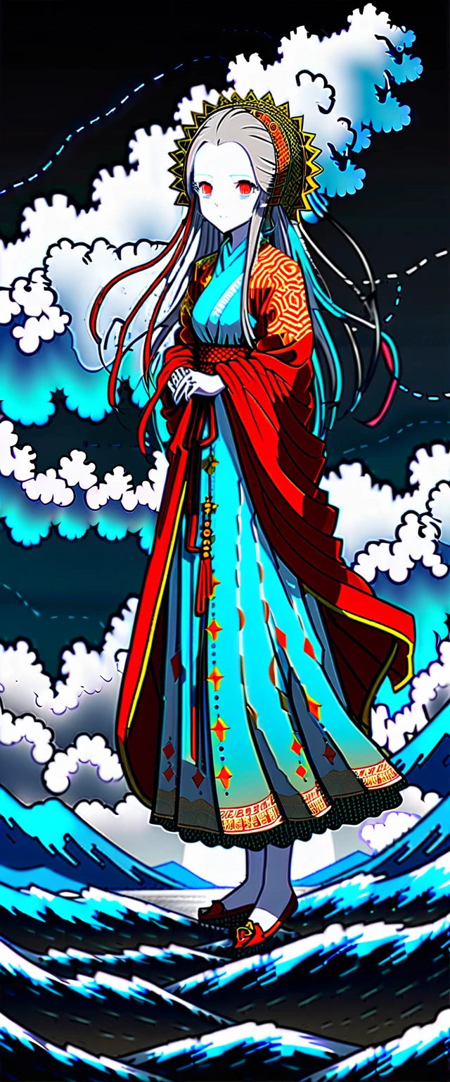symmetry艺术, symmetry, Water Drop,lightning, cloud,( (Red and Cyan:1.3) (Looking at the audience:1.4), masterpiece, Ultra-high resolution,Intricate details at wide angles, with an Red and Cyan theme, this painting depicts a girl wearing an Red and Cyan Hanfu, Surrounded by water. There is a green dragon behind the girl. Water Drop,lightning, cloud,(high quality, Ultra-high lighting, Very detailed, Be focused, 8k ultra high definition, artistic masterpiece), Chinese Ink Painting,liujiyou, 