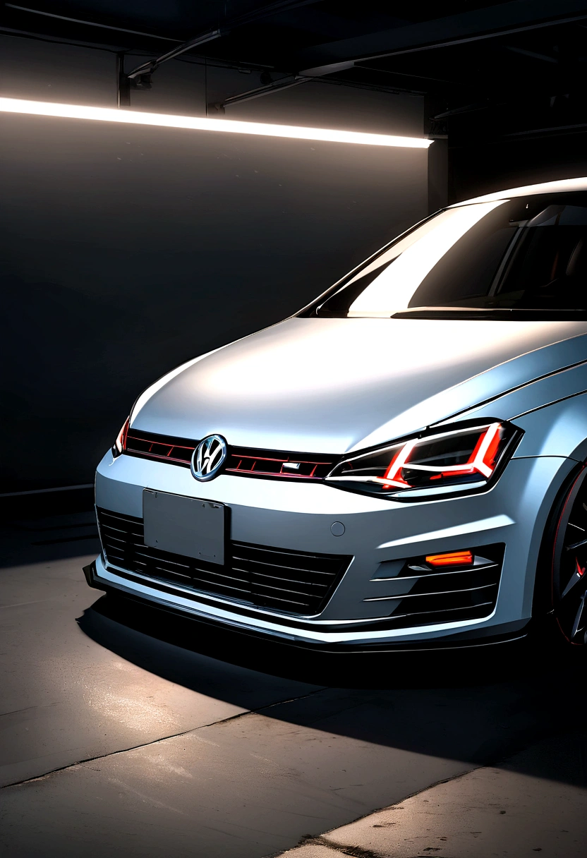 Visualize an extraordinary and realistic scene with a black Volkswagen Golf Mk7 with 20-inch wheels" black, lowered with a sticker on the windshield with the name Wendel Silva, parked on a Formula 1 track at night with low light, with the perfect amount of light illuminating the car. Dive into extreme micro-details to show the intricacies of modifications, the elegant lines, e o design geral, creating a rendered image with Octane Render. Highlight the micro-details of the modified Mk7 Volkswagen Golf, focusing on custom elements, like body kits, Spoilers, wait, and other improvements. Zoom in on the details of the painting, reflections, and the unique features that make this Golf stand out. Emphasize lighting to highlight micro-details, using carefully placed light sources to cast shadows that add depth and dimension to the modified Golf. Utilize Octane Render to create an image with realistic lighting, capturing the play of light on the car's surfaces and highlighting the complex modifications. Consider the Low-Light Garage Environment, using subtle ambient light to illuminate the room and create a moody atmosphere. Use extreme attention to detail to capture the nuances of the garage environment, including textures on the floor, Paredes, and any additional elements that contribute to the overall scene. Imagine the modified Volkswagen Golf Mk7 parked in a visually appealing pose, showcasing its unique modifications and features. Create an image that doesn't just capture the car's microdetails, but also convey the essence of automotive personalization and meticulous design. This detailed prompt is intended to inspire the creation of a highly detailed, macro-focused image of a modified Volkswagen Golf GTI Mk7 parked in a garage in low light, with intricate detail, realistic lighting, and a visually stunning composition rendered with Octane Render.