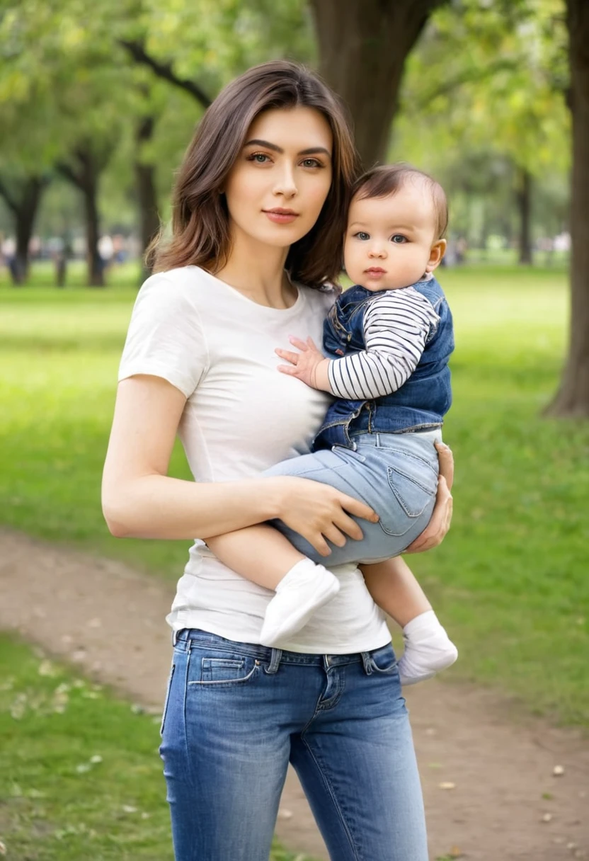 beautiful woman of 25 years old and her baby, in shirt and jeans in park, looking directly at the camera