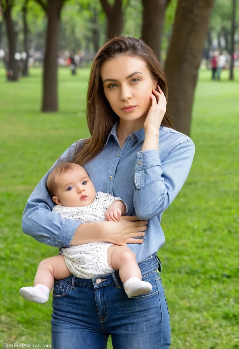 beautiful woman of 25 years old and her baby, in shirt and jeans in park, looking directly at the camera