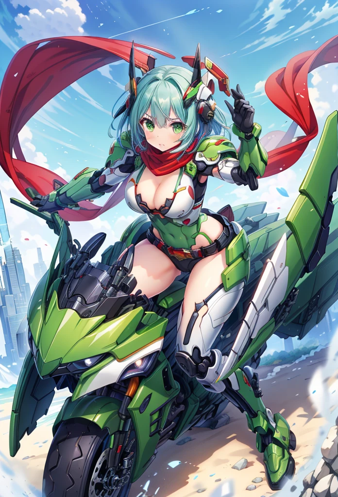 (masterpiece:1.2), best quality, high resolution, extremely detailed CG, absurdres, highres,1girl, solo, black and green powersuit, white armor, on a cyber motorcycle, thighs, cleavage, blue_hair, red_scarf, mecha_armored, mecha_belt, headgear