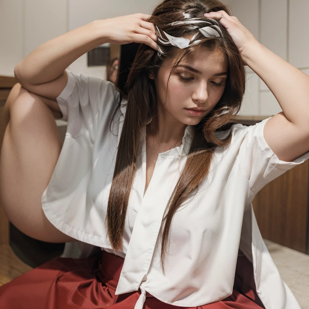 Best quality. A female wearing a white shirt and a red tie. She has long hair. She is getting a shampoo in a barbershop
