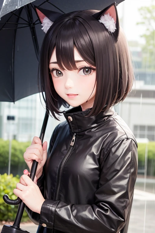 Girl holding an umbrella, rain, Wet Hair, Wet clothes, Cat ear