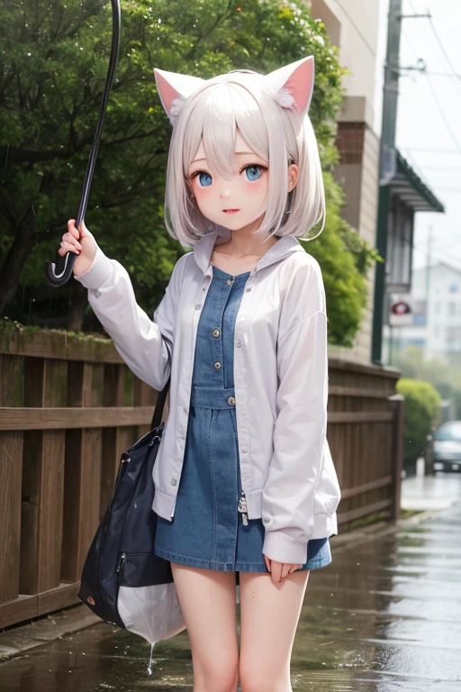 Girl holding an umbrella, rain, Wet Hair, Wet clothes, Cat ear