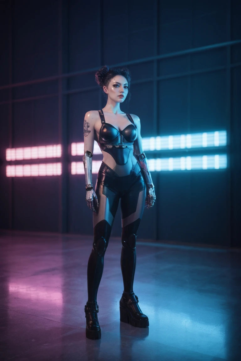 score_9, score_8_up, score_7_up, BREAK,
A full-body, symmetrically designed cyborg in a steampunk and cyberpunk style, featuring an intricately detailed, hyperrealistic face. The full-length portrait is illuminated with cinematic lighting, showcasing the cyborg's design to scale in a piece of digital art that doubles as concept art. The background is filled with futuristic cityscape elements, neon lights, and steam pipes, enhancing the steampunk and cyberpunk aesthetics. The cyborg stands confidently, with visible mechanical limbs and gears, highlighting the intricate details and advanced technology. The scene conveys a sense of a dystopian future, with a blend of old and new, creating a visually rich and immersive experience.