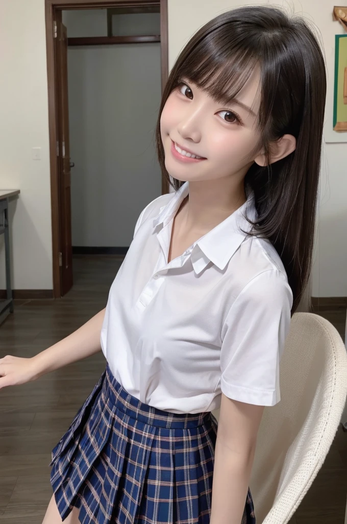 nsfw,((naked))、((Beautiful nipples))、((flat chest)),show off nipple、1 Girl, alone, Japanese girl, ,Junior high ality, Realistic, High resolution, 8K, Very detailed, Detailed face, Shiny skin), Japanese , Collared shirt, White shirt, Red ribbon, Black Hair, ragged bangs, ponytail,Gazing into the distance,Young face、Are thin、Slim figure、slender、Short、 System、((Lots of sweat))、Navy blue checked skirt、Nice thighs、Are standing,Photographed from the front、The best smile、Showing teeth、Uplifting、Shooting from the side、profile、