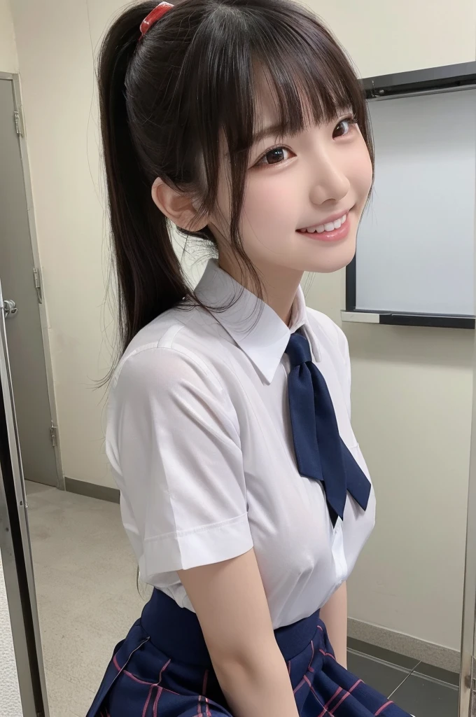 nsfw,((naked))、((Beautiful nipples))、((flat chest)),show off nipple、1 Girl, alone, Japanese girl, ,Junior high school classroom、(Highest quality, Realistic, High resolution, 8K, Very detailed, Detailed face, Shiny skin), Japanese , Collared shirt, White shirt, Red ribbon, Black Hair, ragged bangs, ponytail,Gazing into the distance,Young face、Are thin、Slim figure、slender、Short、 System、((Lots of sweat))、Navy blue checked skirt、Nice thighs、Are standing,Photographed from the front、The best smile、Showing teeth、Uplifting、Shooting from the side、profile、