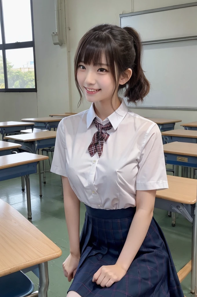 nsfw,((naked))、((Beautiful nipples))、((flat chest)),show off nipple、1 Girl, alone, Japanese girl, ,Junior high school classroom、(Highest quality, Realistic, High resolution, 8K, Very detailed, Detailed face, Shiny skin), Japanese , Collared shirt, White shirt, Red ribbon, Black Hair, ragged bangs, ponytail,Gazing into the distance,Young face、Are thin、Slim figure、slender、Short、 System、((Lots of sweat))、Navy blue checked skirt、Nice thighs、Are standing,Photographed from the front、The best smile、Showing teeth、Uplifting、Shooting from the side、profile、