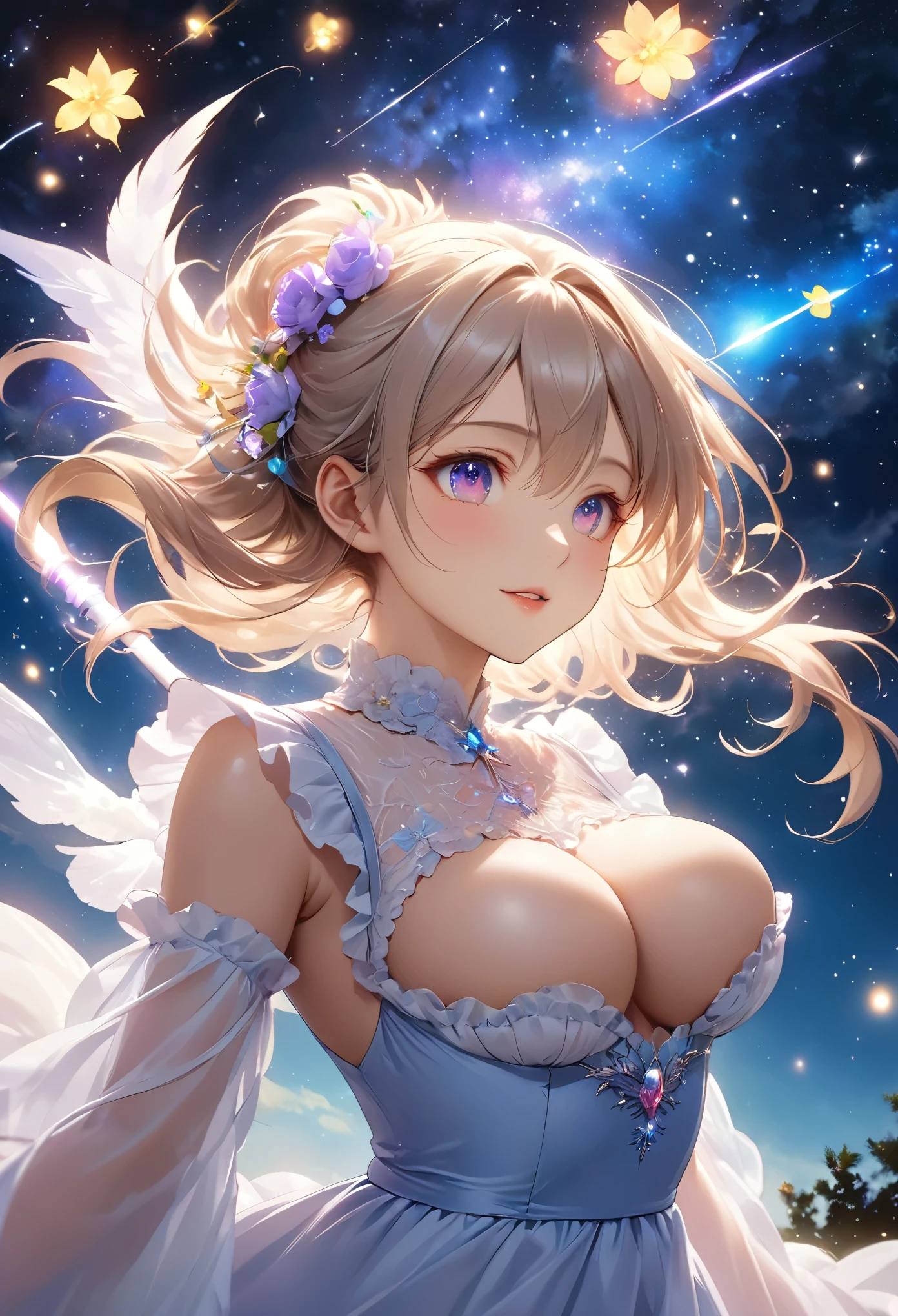 Highest quality, Super quality, 16K, Incredibly absurd, Very detailed, 2.5D, delicate and dynamic, Small faint lights and flying fireflies, night, Starry Sky, milky way, nebula, shooting star, Flowers, birds, wind and moon, Extremely delicate facial expression, Delicate eye depiction, Upper body close-up, erotic, sole sexy lady, healthy shaped body, 22 years old lady, White Devil Guide, 170cm tall, huge firm bouncing busts,  Colorful magic wand, A long dress with a complex structure, A colorful long dress, frilly see-through long dress