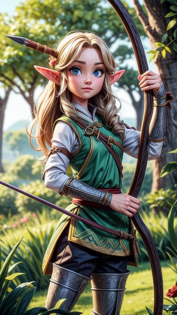 ((Female, fantasy world, legend of Zelda character, long brown hair, green eyes, elf, tattered peasant dress, small smile, freckles, wood elf, detailed image))