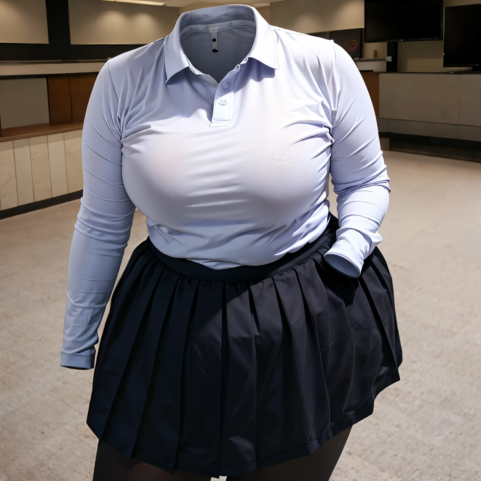 hand between legs, from above, leaning forward, long sleeve, have to pee, leaning forward, polo shirt, plaid skirt, fat, chubby, cute big breast, (invisible, no human, headless, handless:1.5)