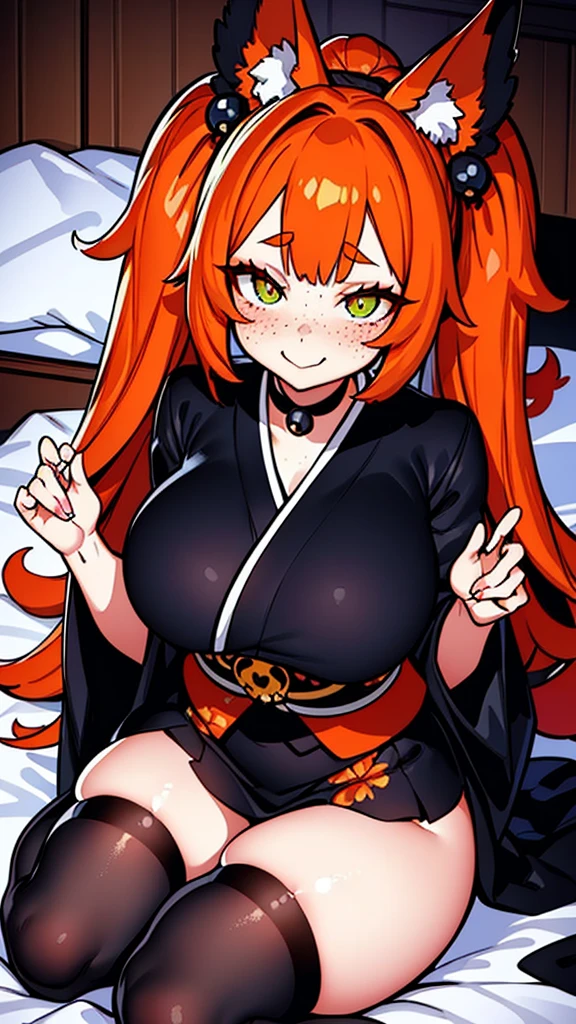 a beautiful and stunning woman with long, wavy orange hair and green eyes, twin volumous ponytails, wearing a black kimono with a red floral print , orange fox ears, lying on the bed with a shy smile, red cheeks and light freckle marks only on her face, defined silhouette, huge breasts, thick thighs, earrings of skulls, dark environment, dark colors, pastel tone, cold palette, sharpness, attention to detail, richness of details, cute aesthetics, cherry blossoms decorating the hair