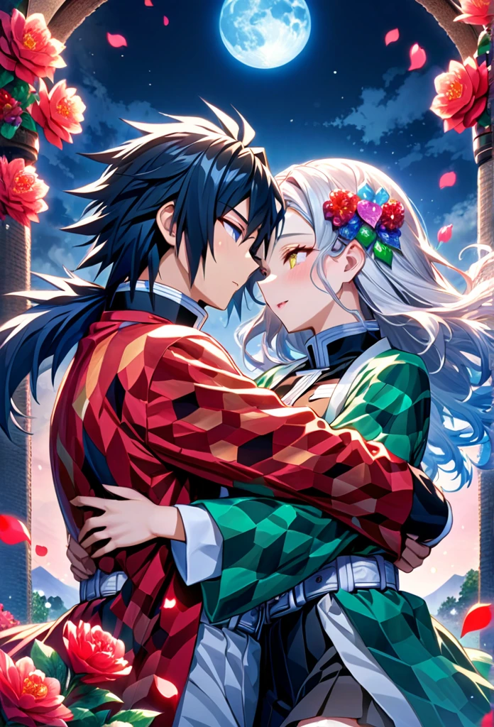 Ultra detailed, highres, absurdres, HDR, master piece, anime girl, pretty woman with white long hair with deep red streaks, girl with yellow eyes, the girl is using a red haori, black demon slayer uniform, Kimetsu No Yaiba, fantasy, petals, red flowers, pretty, Tomioka Giyu, Water Hashira, Tomioka huging, romance, magic, moon, best quality, extremely detailed face, love, passion, romance, anime, they are realy in love, love hug