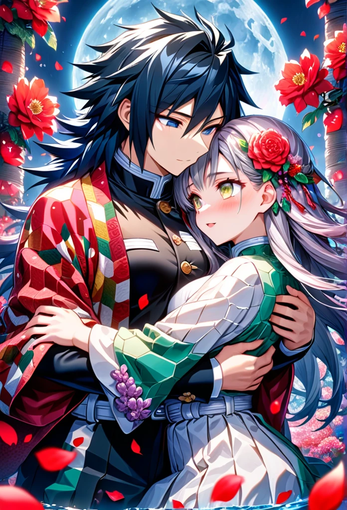 Ultra detailed, highres, absurdres, HDR, master piece, anime girl, pretty woman with white long hair with deep red streaks, girl with yellow eyes, the girl is using a red haori, black demon slayer uniform, Kimetsu No Yaiba, fantasy, petals, red flowers, pretty, Tomioka Giyu, Water Hashira, Tomioka huging, romance, magic, moon, best quality, extremely detailed face, love, passion, romance, anime, they are realy in love, love hug