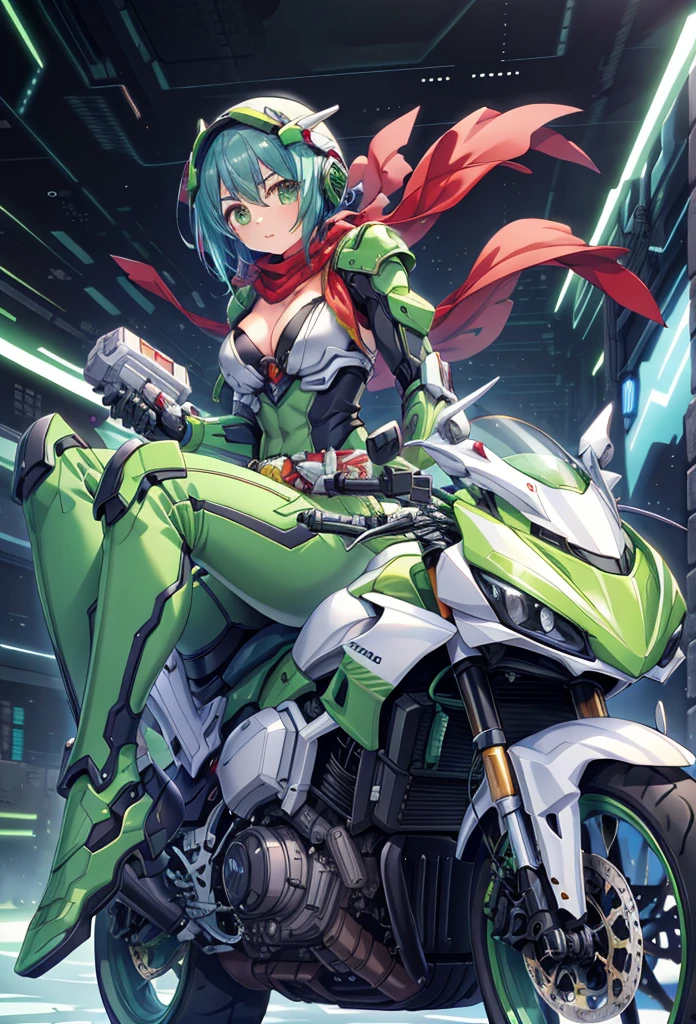 (masterpiece:1.2), best quality, high resolution, extremely detailed CG, absurdres, highres,1girl, solo, black and green powersuit, white armor, on a cyber motorcycle, thighs, cleavage, blue_hair, red_scarf, mecha_armored, mecha_belt, headgear