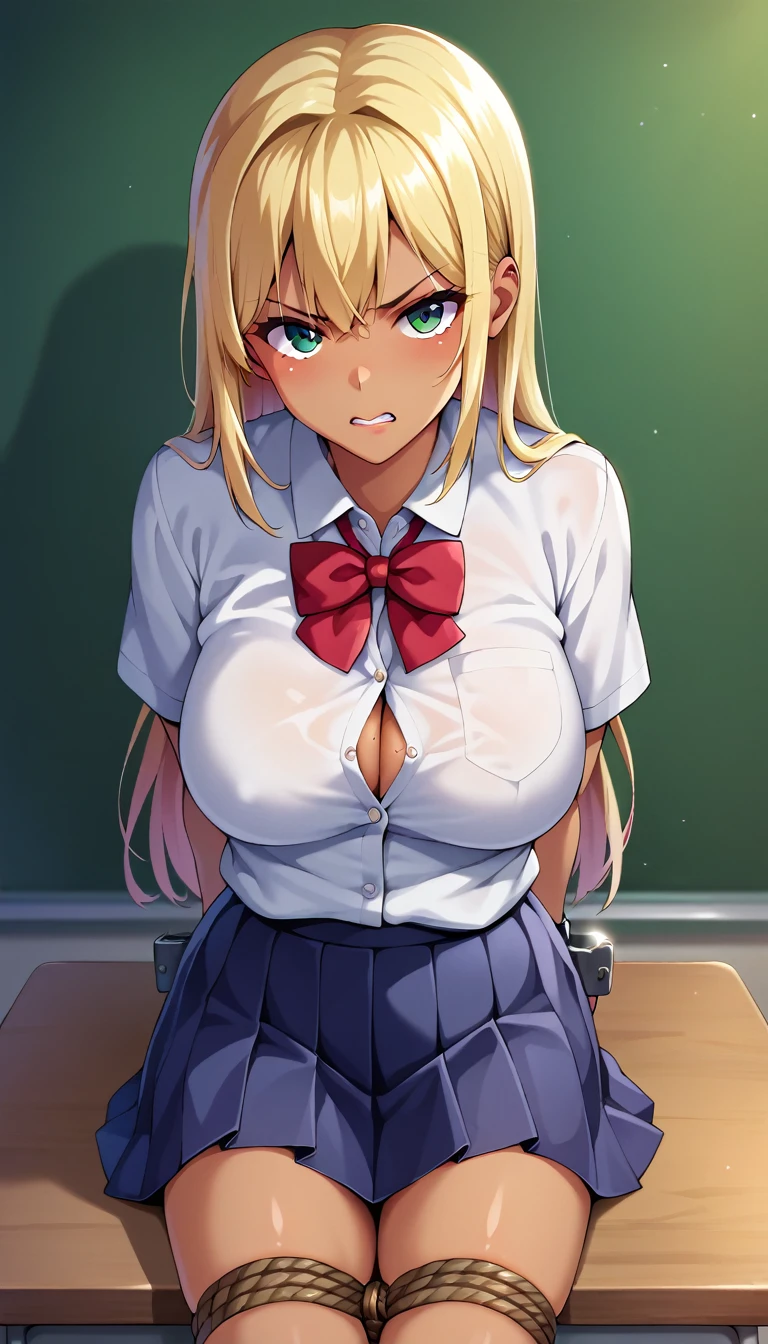 (masterpiece, best quality, ultra-detailed, high resolution, detailed eyes), takeda hiromitsu style, 1girl(), (school uniform, short sleeve shirt), (long blonde hair), solo, tanned skin, tsurime, (furious:0.8), large breasts, slender body, looking at viewer, pov, cowboy shot, arms behind back, sitting, school, {{{bdsm, restrained, shackles, rope}}}