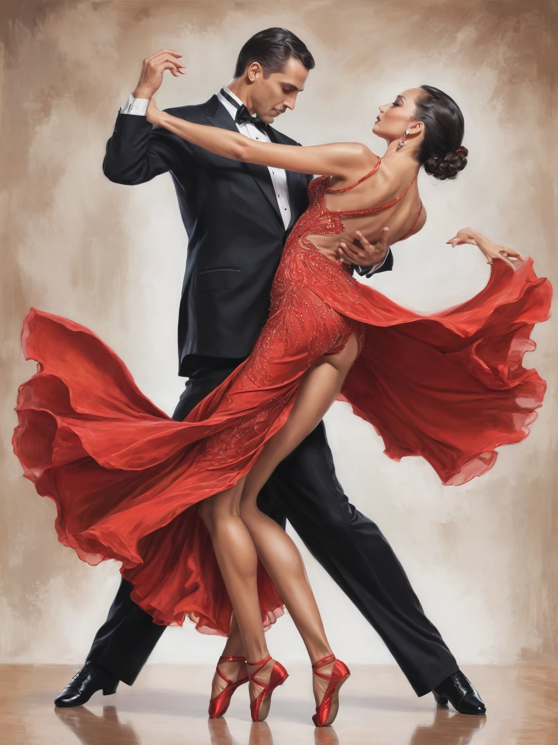 Color photograph of a beautiful artwork illustration, (portrait composition:1.5), a couple of ballroom dancers dancing together tango, Beautiful woman in red dress, Latina, highly detailed face, Perfect Makeup, long legs, low back cut, BREAK good looking man, high, black tuxedo, BREAK ((Best quality)), ((masterpiece)), (detailed)