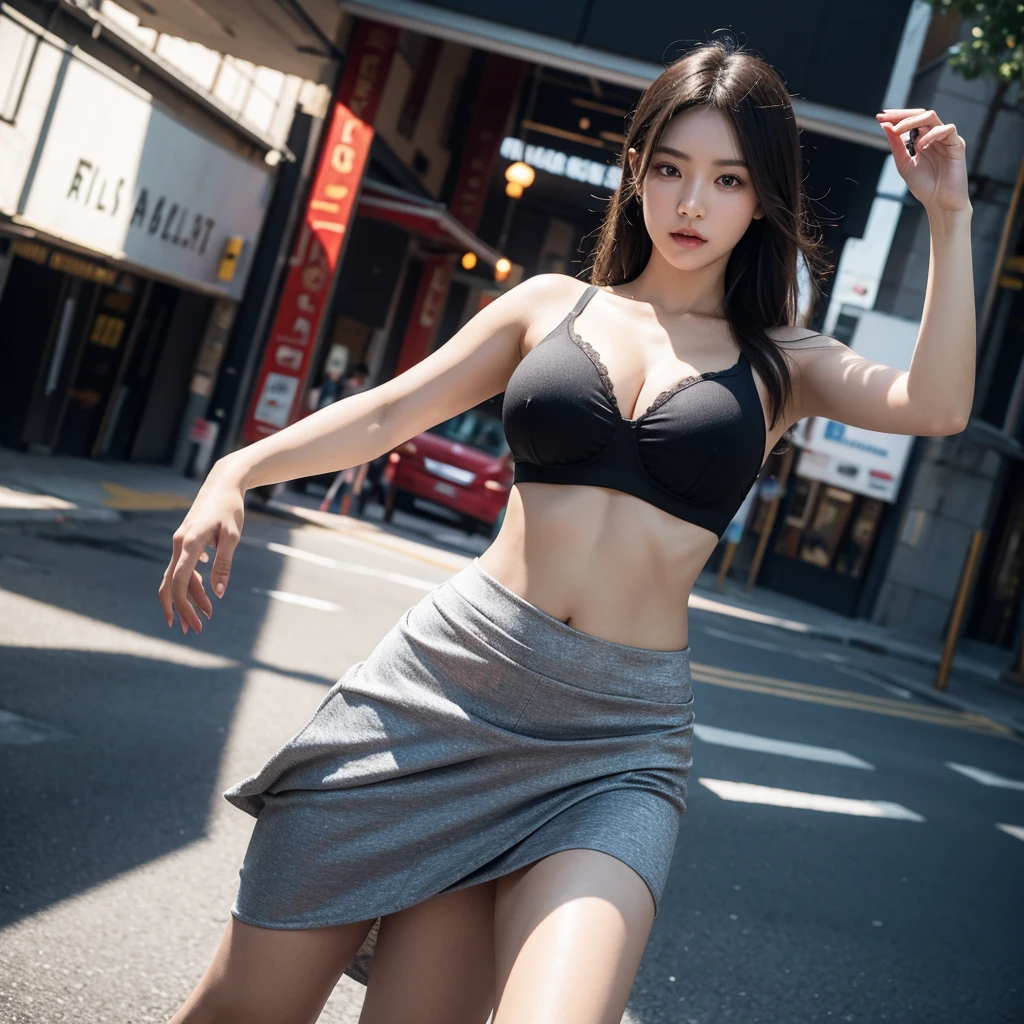 surrealism, High detail, Cinematic lighting, Ray tracing, angle of view, Eye level shots, hyper HD, Masterpiece, Textured skin, 8K, Best quality,standing at the street town, ubarn center, ,looking forward to the camera,wearing, black tight bra, with red short skirt,looking sexy, hands up, BIGGEST BREASTS HEAVY, BIGGEST CURVED BODY SIZE,
