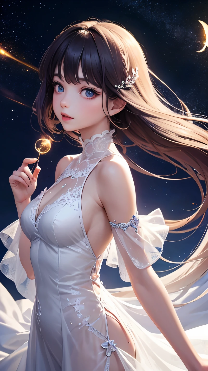 Highest quality, Super quality, 16K, Incredibly absurd, Very detailed, 2.5D, delicate and dynamic, Small faint lights and flying fireflies, night, Starry Sky, milky way, nebula, shooting star, Flowers, birds, wind and moon, Extremely delicate facial expression, Delicate eye depiction, Upper body close-up, ??????, sole sexy lady, healthy shaped body, 22 years old lady, White Devil Guide, 170cm tall, huge firm bouncing busts, Colorful magic wand, A long dress with a complex structure, A colorful long dress, frilly see-through long dress