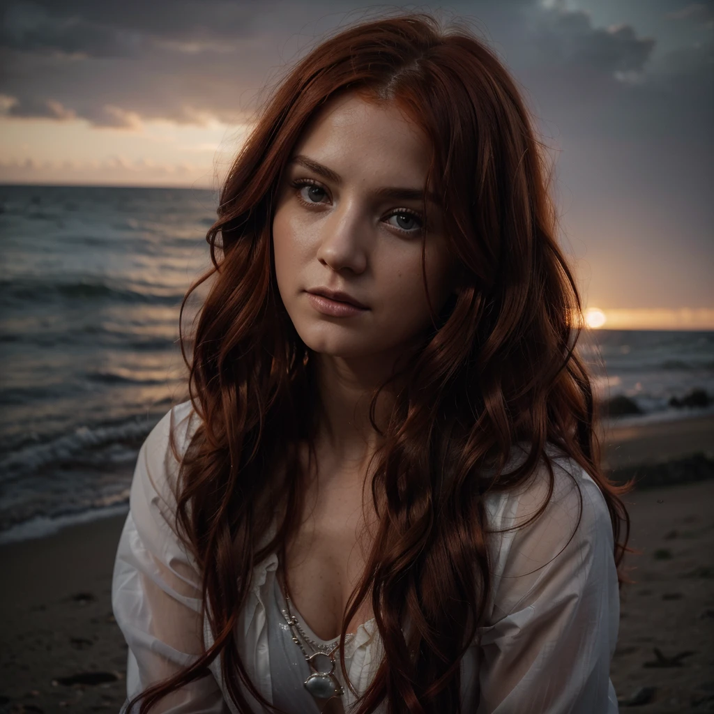 8 k, (Best quality), masterpiece, very detailed, (realistic), young woman, ((long very curly red hair)), ultra detail, ultra realism, гиперrealistic, Professional photo shoot, instagram, beach party, beautiful sunset, candles, luminescent sea, young woman в полный рост в вечернем металлическом платье, detailed face, Гиперrealistic, 8 k, high quality, Cinematic lighting, Dramatic portrait, chiaroscuro, dark moody ambience, dramatic shadows, rich colors, 