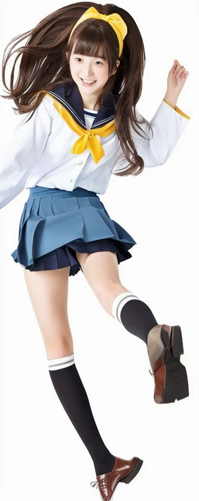 16 year old japanese teenager with shoulder length brown hair, wearing a sailor-suit , shoulder length hair, with a prominent yellow headband, wearing brown shoes jumping in the air in a japanese classroom