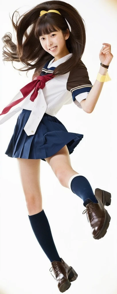 16 year old japanese teenager with shoulder length brown hair, wearing a sailor-suit , shoulder length hair, with a prominent yellow headband, wearing brown shoes jumping in the air in a japanese classroom