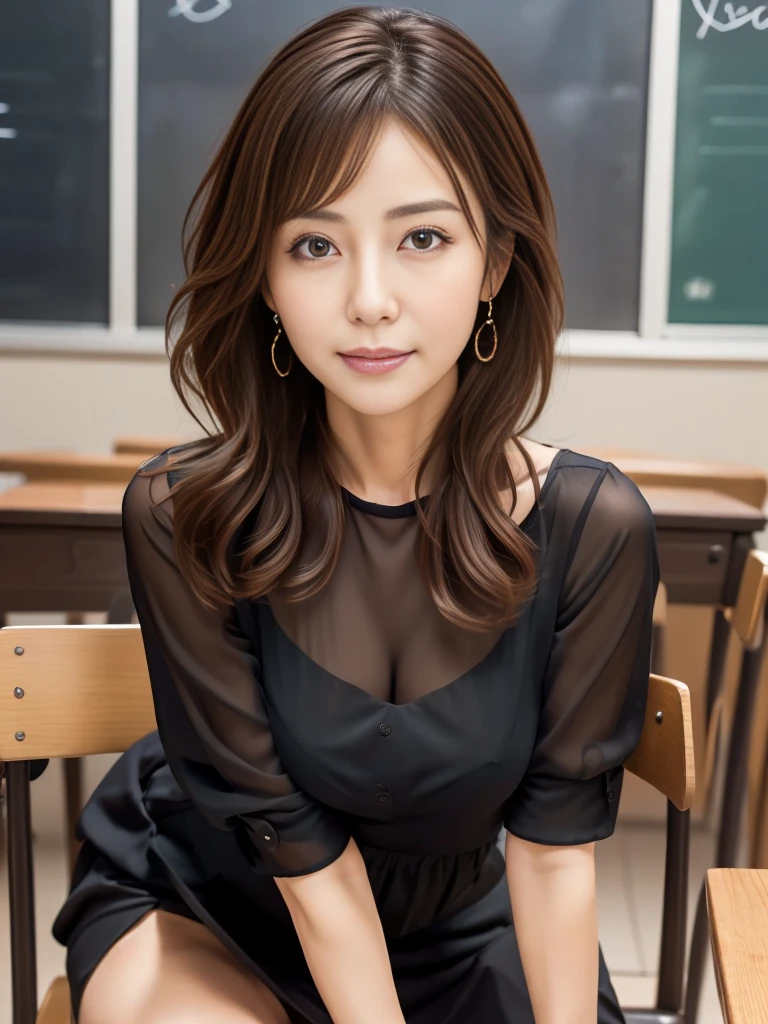 1 Female, (Wearing a black blouse:1.2), Beautiful Japanese actresses,50 years old、
(RAW Photos, Highest quality), (reality的, Photorealistic:1.4), masterpiece, 
Very delicate and beautiful, Very detailed, 2k wallpaper, wonderful, 
finely, Very detailed CG Unity 8K 壁紙, Very detailedな, High resolution, 
Soft Light, Beautiful detailed girl, Very detailed目と顔, Beautiful and detailed nose, Beautiful and detailed, Cinema Lighting,, Square face, Long Hair, View your viewers, jewelry, reality, sexy, Short skirt outfit, Classroom Background , Free pose