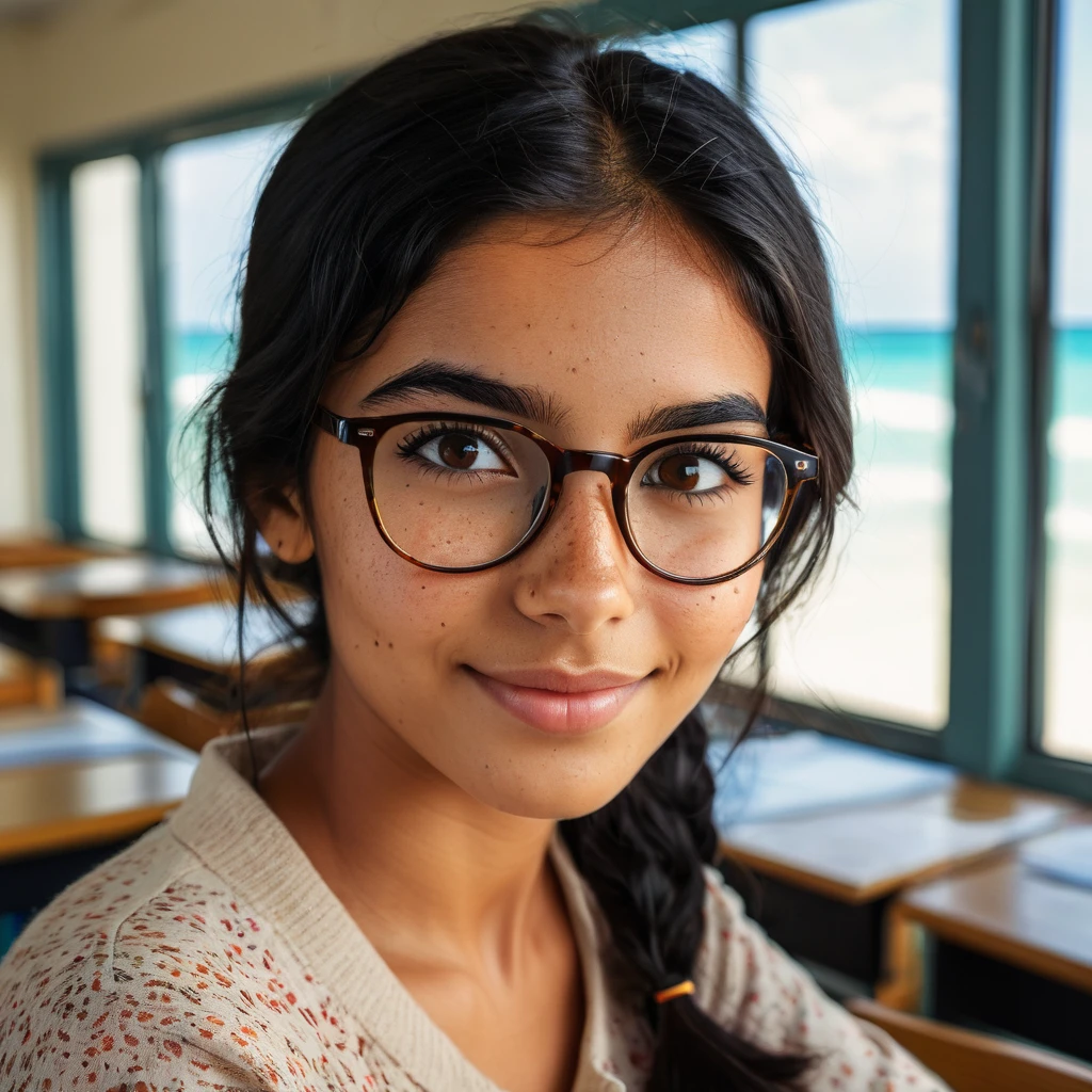 (photography,realistic:1.4),
23yo ,female,black hair,smart looking,maldivian,classroom looking out of window,cinematic lighting,Highly detailed eyes, highly detailed face, brown eyes,freckles,glasses,smiling