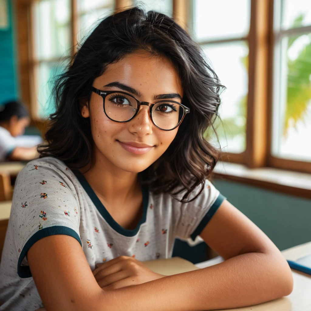 (photography,realistic:1.4),
23yo ,female,black hair,smart looking,maldivian,classroom looking out of window,cinematic lighting,Highly detailed eyes, highly detailed face, brown eyes,freckles,glasses,smiling