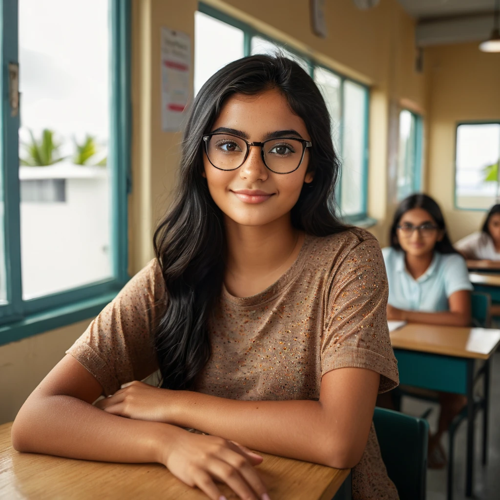 (photography,realistic:1.4),
23yo ,female,black hair,smart looking,maldivian,classroom looking out of window,cinematic lighting,Highly detailed eyes, highly detailed face, brown eyes,freckles,glasses,smiling