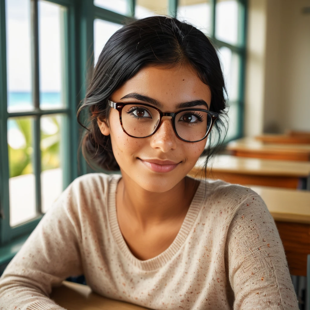 (photography,realistic:1.4),
23yo ,female,black hair,smart looking,maldivian,classroom looking out of window,cinematic lighting,Highly detailed eyes, highly detailed face, brown eyes,freckles,glasses,smiling