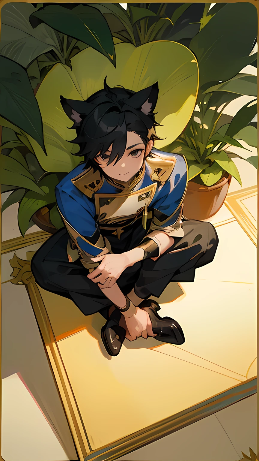 Card collection, card design, SSR character card, cat boy, happy, boy, solo, black hair, detailed background, plants, fancy, fancy golden line borders, interesting dynamic camera angles, close up, sitting position, sitting on the floor