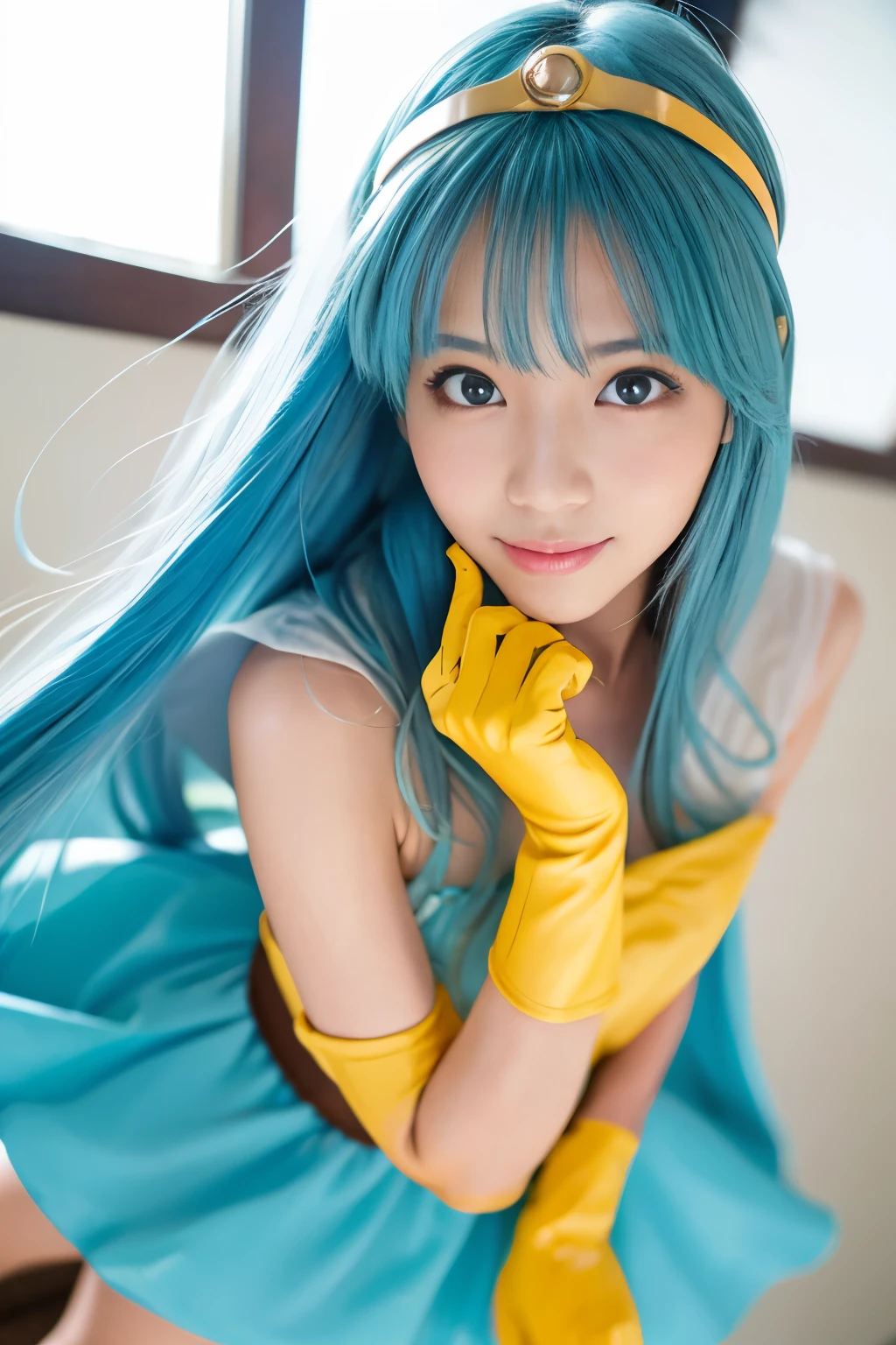 masterpiece、1 beautiful girl、Beautiful Eyes、smile、Puffy eyes、Highest quality, 超High resolution, (reality: 1.4), Cinema Lighting、Japanese、Asian Beauty、Korean、so beautiful、Beautiful Skin、Body facing forward、Face close-up、Upper body close-up,(超reality的な)、(High resolution)、(8K)、(Very detailed)、(美しくBeautiful Eyes)、(Very detailedな)、 (wall-)、Detailed face、Bright lighting、Professional Lighting、Looking at the audience、Look straight ahead、Diagonal bangs、Bright light Blue Hair、Nogizaka idol、18-year-old､masterpiece, Highest quality, Very detailedな, shape, Sage_(dq3),Long Hair, Blue Hair, Circlet, Red eyes,Small breasts, Yellow gloves, White Dress, belt, Cape, boots,