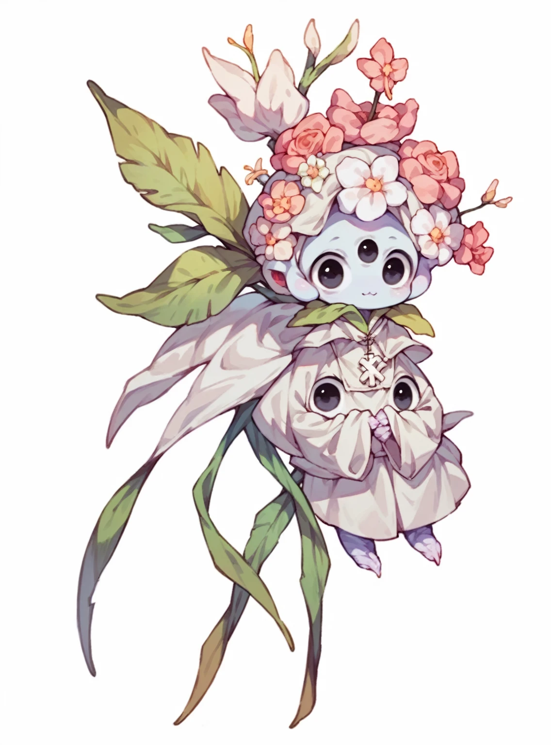 (Cute flower monster:1.5), (Cestrum nocturnum in her head:1.2), big eyes, full black eyes, cleric outfit