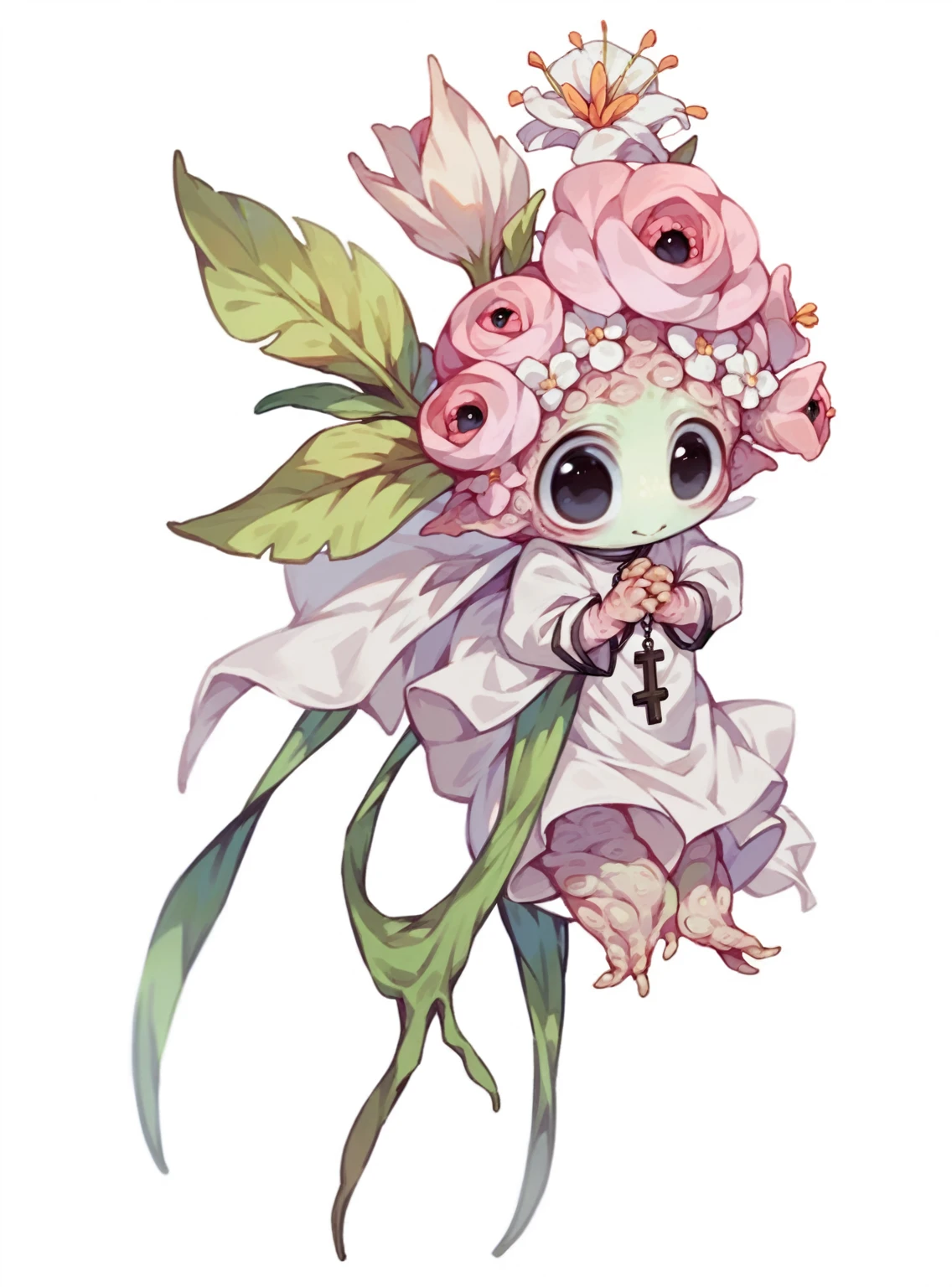 (Cute flower monster:1.5), (Cestrum nocturnum in her head:1.2), big eyes, full black eyes, cleric outfit