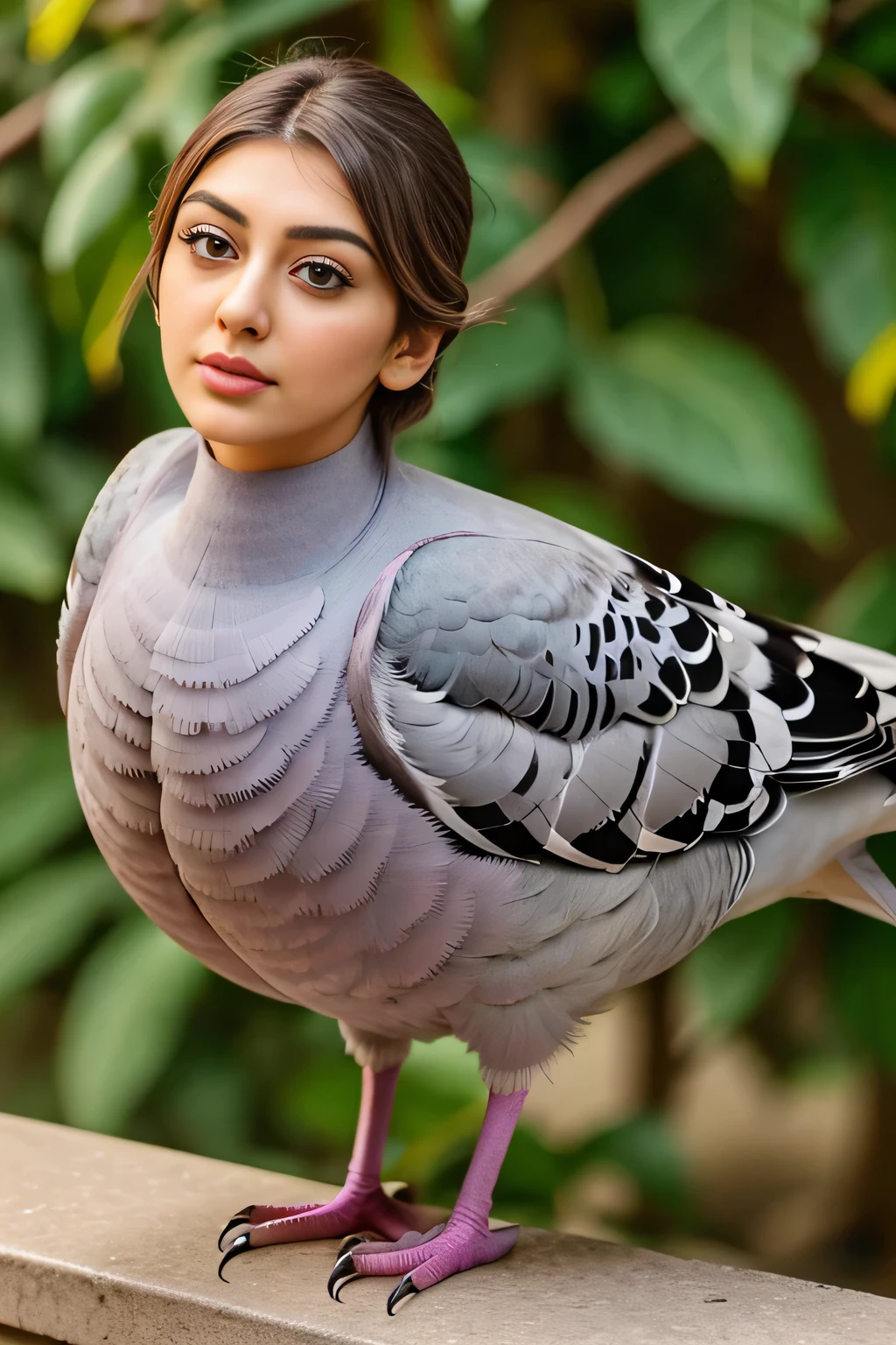 Hansika Motwani is a pigeon bird, She is a bird but her head looks like girl, from neck to full body looks like pigeon bird. Pigeon legs, pigeon wings. Bird body, pigeon body,   perfect picture, perfect bird, real bird, Real head replace with real pigeon head. Exact Bird .